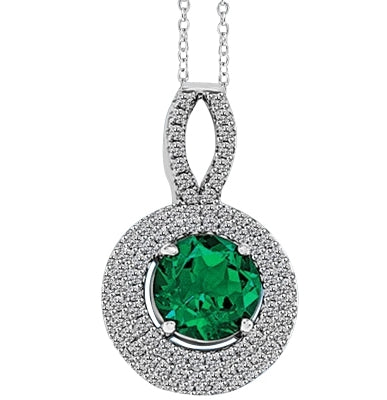 Diamond Essence Pendant with Chain, 2.0 Cts. Round cut Emerald Essence set in center surrounded by sparkling Melee, 3.5 Cts. T.W. set in Platinum Plated Sterling Silver.