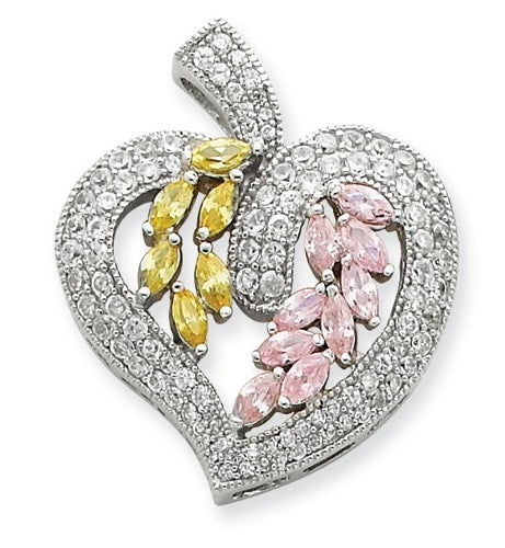 Diamond Essence Beautiful Designer Heart Pendant, with Yellow Sapphire and Pink Sapphire marquise stones, and Round Brilliant Melee set artistically in Platinum Plated Sterling Silver, 2.0 Cts.T.W.