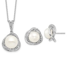 Designer Set of Pearl And Diamond Essence Round Melee Set In Platinum Plated Sterling Silver