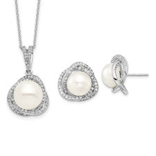 Designer Set of Pearl And Diamond Essence Round Melee Set In Platinum Plated Sterling Silver