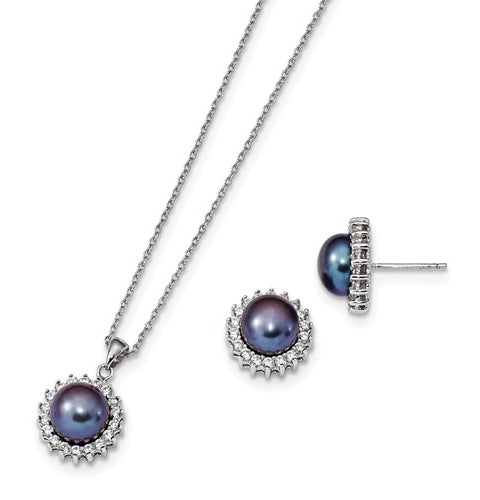 Diamond Essence Melee And Fresh Water Cultured Black pearl Earring Pendant set, 3.0 Cts.t.w. set in Platinum Plated Sterling Silver.