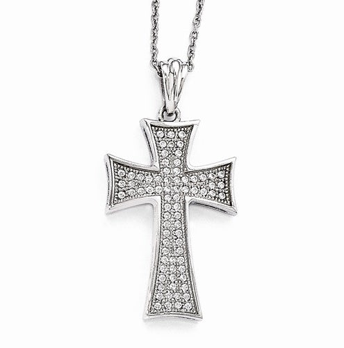 Diamond Essence Cross Pendant with Pave setting Melee, 1.50 cts.t.w.in Platinum Plated Sterling Silver. 18" Chain with extension of 2", Pendant length-34mm.