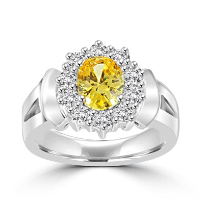 Wide Sterling Band with canary Essence Center and Round Brilliant Melee, 2.25 cts.t.w. set in a solid prong setting.