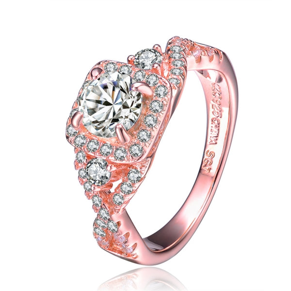 Prong Set Designer Ring with Simulated Round Brilliant Diamond and Melee Diamonds by Diamond Essence set in Rose plated Sterling Silver