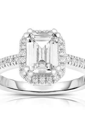 Prong Set Designer Ring with Artificial Emerald Cut Brilliant Diamond and Round Brilliant Melee by Diamond Essence set in Sterling Silver