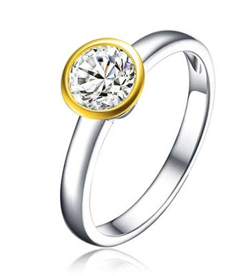 Diamond Essence Two Tone Solitaire Ring With 1 Ct. Round Brilliant Stone In Platinum Plated Sterling Silver.