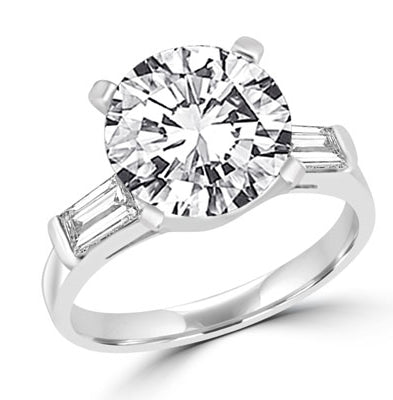 Prong Set Engagement Ring with Artificial 3.5 Cts. Round Diamond and Baguettes by Diamond Essence set in Sterling Silver