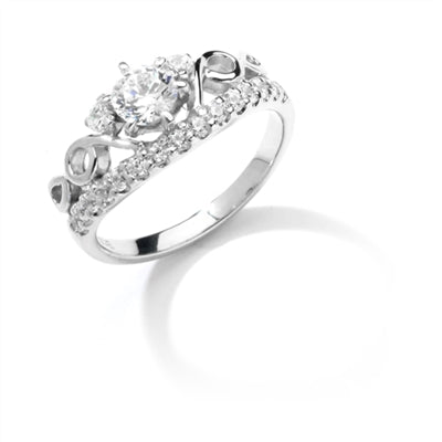 Tiara look artistic designer ring with 0.50 ct. Round Brilliant Diamond Essence in the center in six prongs setting, 2.75 cts.t.w. in Platinum Plated Sterling Silver.