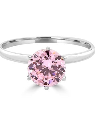 2.0 carat Pink Round Brilliant stone set in, Platinum Plated Sterling Silver, a perfect solitaire ring. ( Image in Yellow but Product in Platinum Plated Sterling Silver)