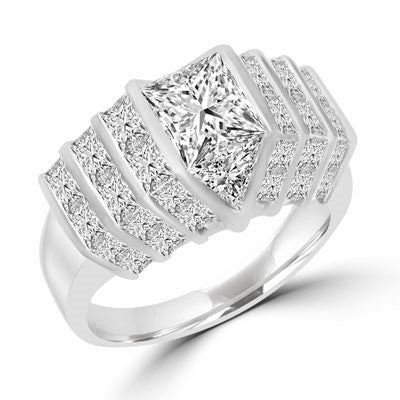 Platinum Plated Sterling Silver ring with 2.0 cts. center Octrillion stone flanked by round stones all the way down. 8.0 cts.t.w. (Image in Yellow but Product in Platinum Plated Sterling Silver.)
