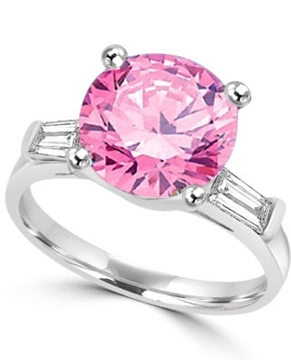Diamond Essence Pink stone of 3.5 cts. set in Platinum Plated Sterling Silver with baguettes on each side. 4.0 cts.t.w.