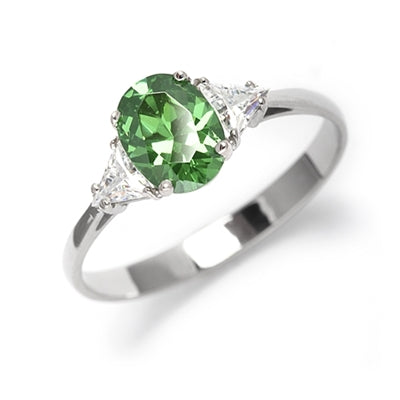 Stunning Ring, 2 Cts. T.W, with 1 Ct Oval Cut Emerald Center and White Trilliant Diamond Essence Stones on side, in Platinum Plated Sterling Silver.