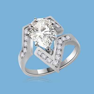 Lulu - Move Forward with this superb Ring, 3.0 Carats in all, with 2.0 Carat Pear Cut Diamond Essence Center Stone and Melee Accents set in Platinum Plated Sterling Silver.