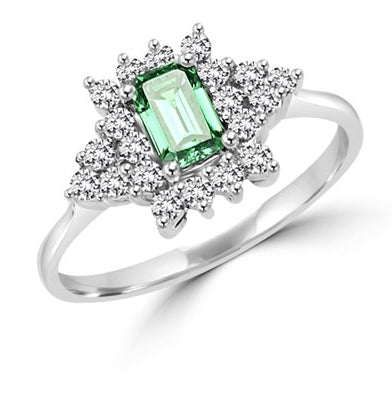 Green Eyes - Ring with Emerald Cut Emerald Essence center, and melee accents, in Platinum Plated Sterling Silver.