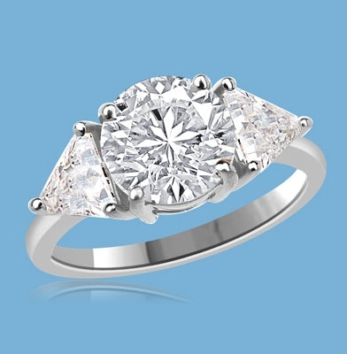 Risque - Diamond Essence Ring with 2 Carat Round Cut Diamond Essence Center and 0.5 Ct. Each trilliant cut side accents, 3.0 Cts.T.W. in Platinum Plated Sterling Silver.