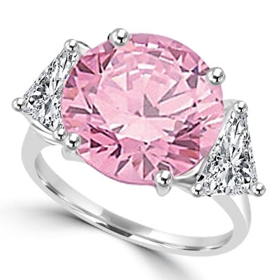 Risque- Diamond Essence Ring with 2 Carat Round Cut Pink Essence in Center and 0.5 Ct. Each trilliant cut side accents. 3.0 Cts.T.W. set in Platinum Plated Sterling Silver.