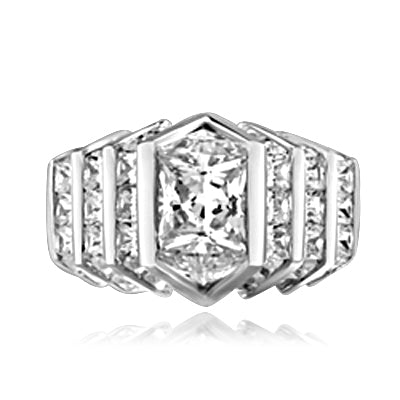 Platinum Plated Sterling Silver ring with 2.0 cts. center Octrillion stone flanked by beautiful jewels. Stones are cut to fit precisely together with no spaces between them for a stunning solid diamond look.