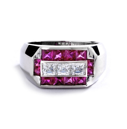 Man's Ring with 0.75 cts, Radiant Square Diamond Essence Center Stones surrounded by 1.0 cts. Princess Cut Ruby Essence, channel set in Platinum Plated Sterling Silver.