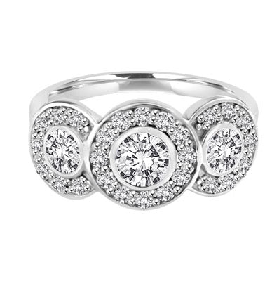 Three stone ring with surrounded melee,1.35 cts. t.w. in Platinum plated Sterling silver