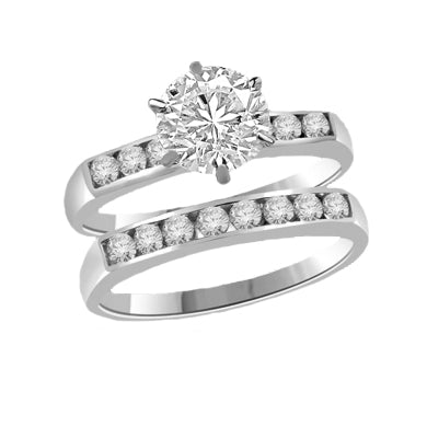 Beautiful wedding set. 1.0 carat Diamond Essence set in six prongs setting, and small round brilliant melee set in channel setting, on both the bands.2.25 cts.t.w. in Platinum Plated Sterling Silver.