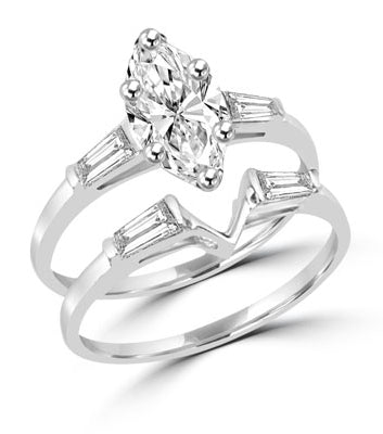 wedding set with 1.25 ct marquise cut diamond in silver ring
