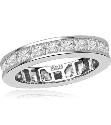 Timeless Eternity Band with Channel set Princess Cut Diamond Essence stones, 3.70 Cts.T.W. set in Platinum Plated Sterling Silver.