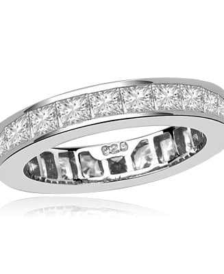 Timeless Eternity Band with Channel set Princess Cut Diamond Essence stones, 3.70 Cts.T.W. set in Platinum Plated Sterling Silver.