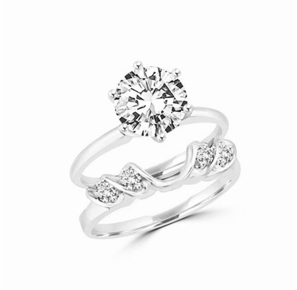 Platinum Plated Sterling Silver swanky ring wrap with round jewels. 0.16 cts. tw. This item does not include solitaire ring.