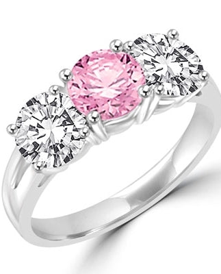 Pink & white 3 stone ring of platinum plated silver