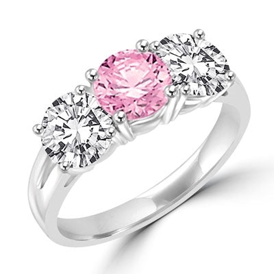 Pink & white 3 stone ring of platinum plated silver