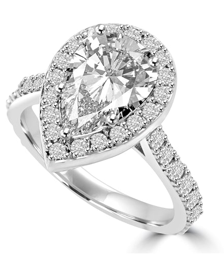 Diamond Essence Halo Setting Designer Ring With 3 Cts. Pear Center and Melee around And On The Band, 5.50 Cts.T.W. In Platinum Plated Sterling Silver.