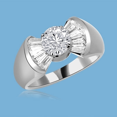 Cunegonde - As Voltaire Says "Tend your garden", say it with this Ring, 1.5 Cts. T.W. with 1 Ct. Round Brilliant Center and 10 Baguettes, in Platinum Plated Sterling Silver.