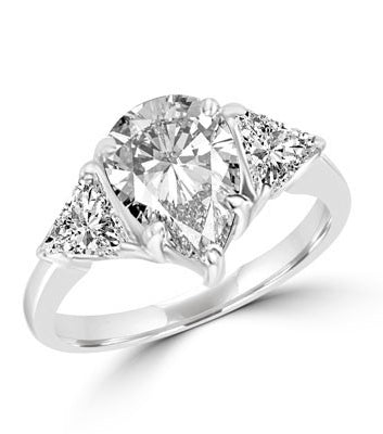Duse - Ring with Pear Cut Center Stone flanked by Brilliant Trilliant Cut Diamond Essence accents, 3.0 Cts. T.W in Platinum Plated Sterling Silver.