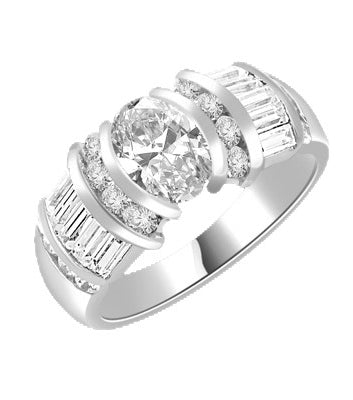 Tosca - Magnificently Brilliant Ring with 1.0 Cts. Oval Center Stone and Melee and Baguette Highlights - 2.0 Cts. T.W. in Platinum Plated Sterling Silver.