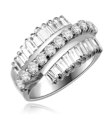 Flourish - Brilliant Ring, 5 Cts. T.W, with Baguettes on two side bands surrounding a Melee of Round Diamond Essence Fireworks! In Platinum Plated Sterling Silver.