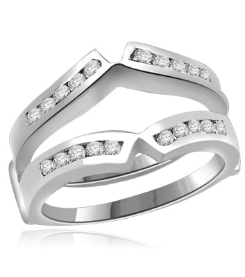 Classic Ring Guard in Platinum Plated Sterling Silver. 0.9 carat Diamond Essence round melee set in channel setting. Suitable for 1 carat or 2 carat solitaire ring.