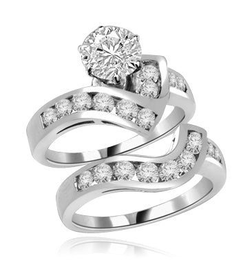 Radames And Aida-Wedding Set in Platinum Plated Sterling Silver, 1.8 Cts.T.W. with 1 Ct. Solitaire and Curvy Channel Set Melee Accents. Show of your Celestial Beauty and Starry Love!
