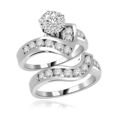 Radames And Aida-Wedding Set in Platinum Plated Sterling Silver, 1.8 Cts.T.W. with 1 Ct. Solitaire and Curvy Channel Set Melee Accents. Show of your Celestial Beauty and Starry Love!