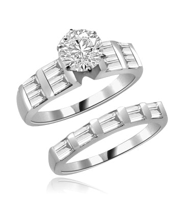 Aeneas and Dido - Brilliant Wedding Set, 2.8 Cts. T.W, 1.0 Ct. Solitaire and Sqaure Baguettes in Bar Setting, in Platinum Plated Sterling Silver.