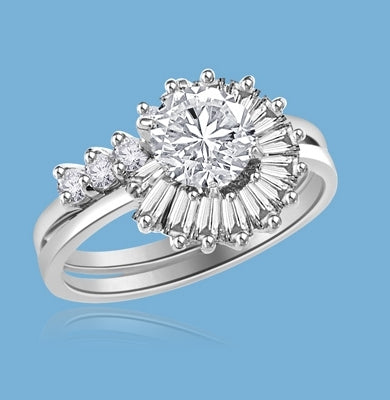 Pelleas and Melisande - Magnificent Wedding Set, 2.2 Cts. T.W, with 1 Ct. Center Stone with Baguette and Round Accent Masterpieces encircling in love of life! In Platinum Plated Sterling Silver.