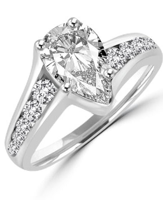 La Jolla. 2.0 cts.t.w. in all, with 1.5 carat Pear cut Diamond Essence center stone, and 0.50 ct. Diamond Essence melee lighting up each side set in Platinum Plated Sterling Silver.
