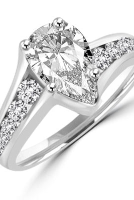 La Jolla. 2.0 cts.t.w. in all, with 1.5 carat Pear cut Diamond Essence center stone, and 0.50 ct. Diamond Essence melee lighting up each side set in Platinum Plated Sterling Silver.