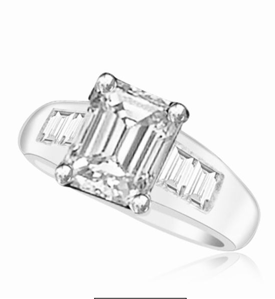 Prong Set Designer Ring with Simulated Emerald Cut Diamond and Brilliant Baguettes by Diamond Essence set in Sterling Silver