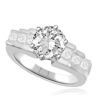 Fashion Queen Ring 2.7 cts. with 2.0 cts. Round Center and Channel set round pieces tripping down each side in stairway effect in Platinum Plated Sterling Sillver.