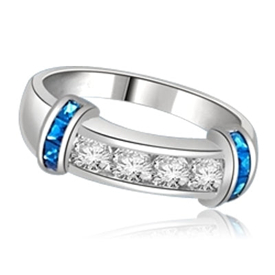 Brilliant channel-set Diamond Essence diamonds with a bar of Sapphire Essence on either side. 1.35 cts. T.W. set in Platinum Plated Sterling Silver.
