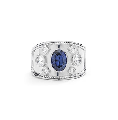 Platinum Plated Sterling Silver European ring, with a 1.5 cts. oval cut Sapphire Essence center stone and round cut accents.