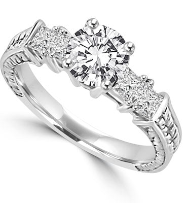 Round & princess cut stones in platinum plated silver ring