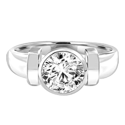 Solitaire Ring with 2ct. Round Brilliant Diamond Essence, bezel set in Platinum Plated Sterling Silver.