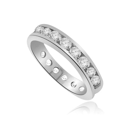 round diamonds encircle channel-set wedding band of sterling silver