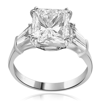 Prong Set Engagement Ring with Artificial Princess Cut Brilliant Diamond and Baguettes by Diamond Essence set in Sterling Silver